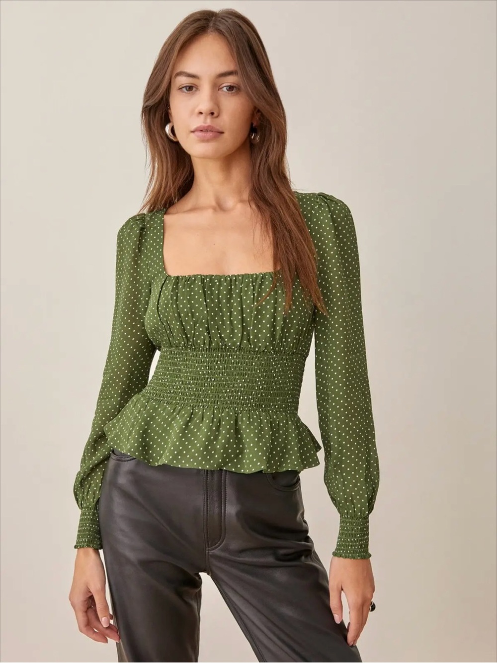 Reformation Hearth Green Polka Dot Smocked Blouse